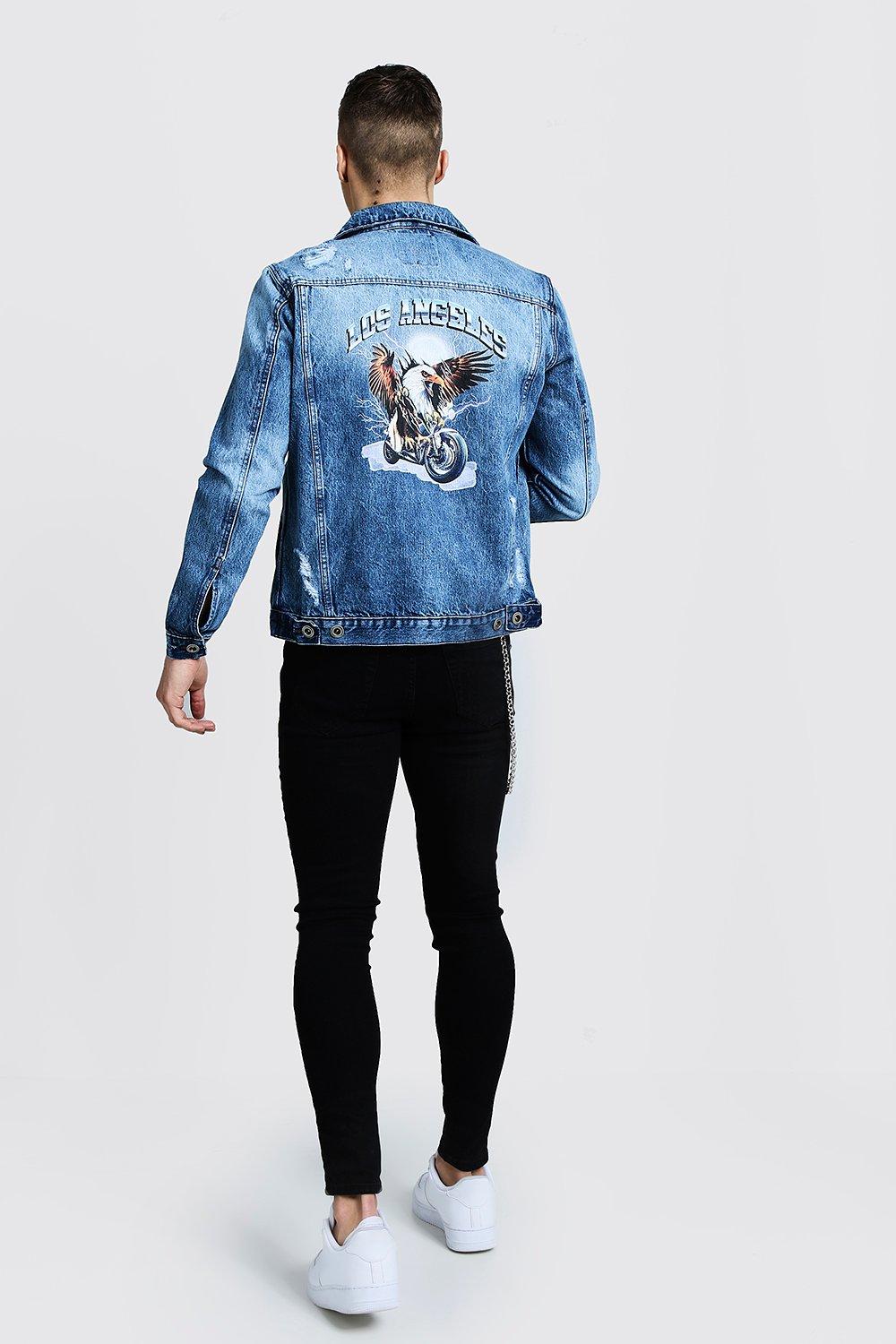 Mens denim jacket with outlet print on the back